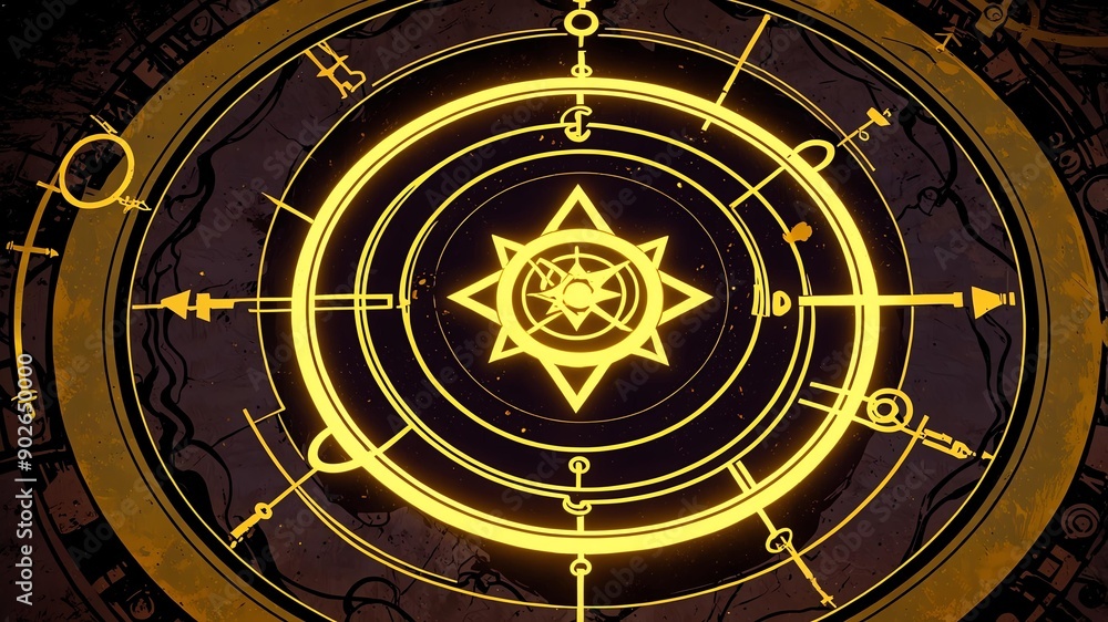 Naklejka premium top view of an ancient alchemy magic circle with yello background
