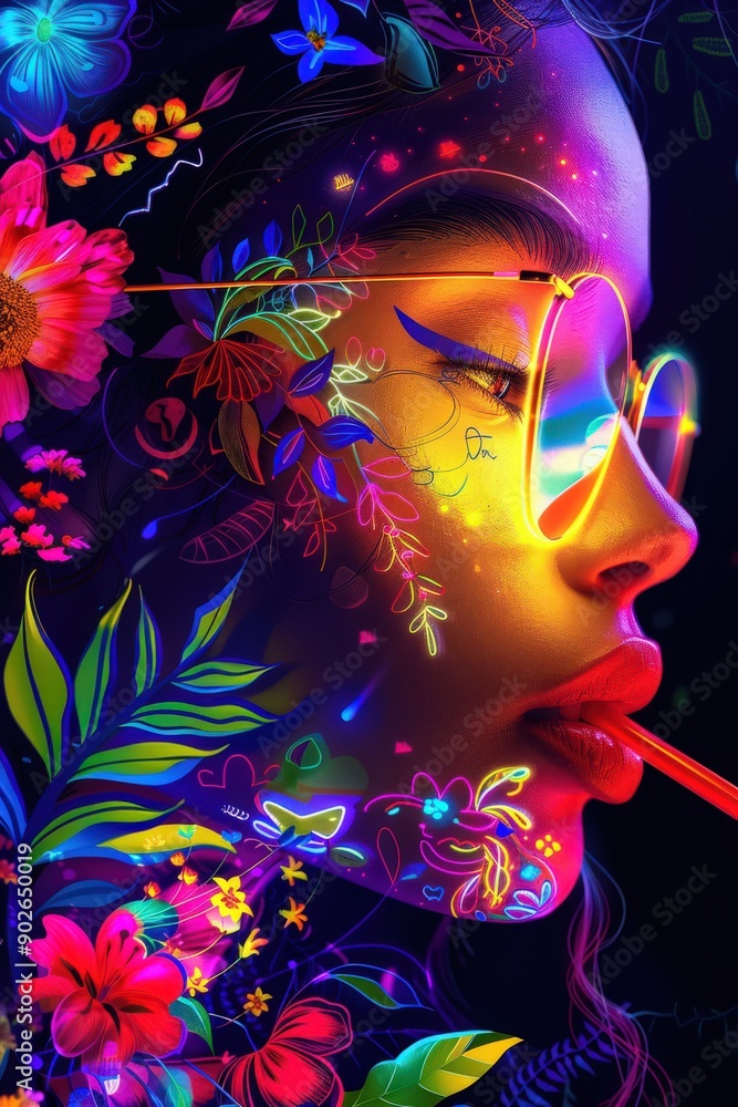 Obraz premium Vibrant Neon Portrait of a Woman with Glasses and Floral Elements in a Psychedelic Style