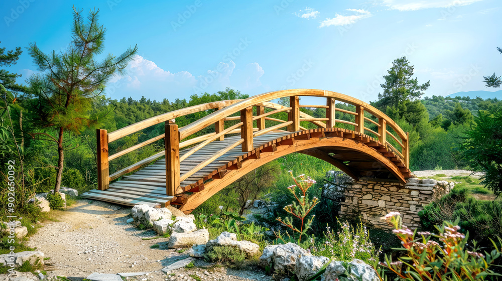 A serene wooden bridge amid lush greenery, inviting exploration and tranquility in nature. A serene wooden bridge amid lush greenery, inviting exploration and tranquility in nature.