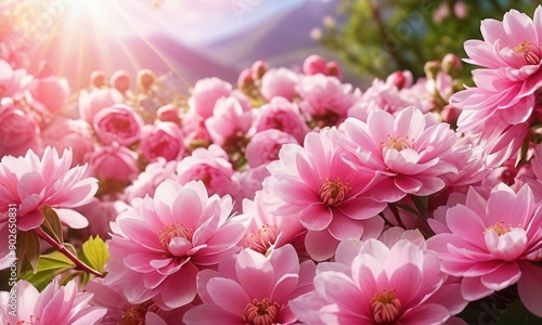 Pink flowers in the garden under the summer sun