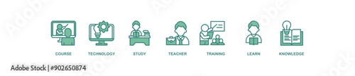 Online education banner web icon vector illustration concept with icon of course, technology, study, teacher, training, learn and knowledge
