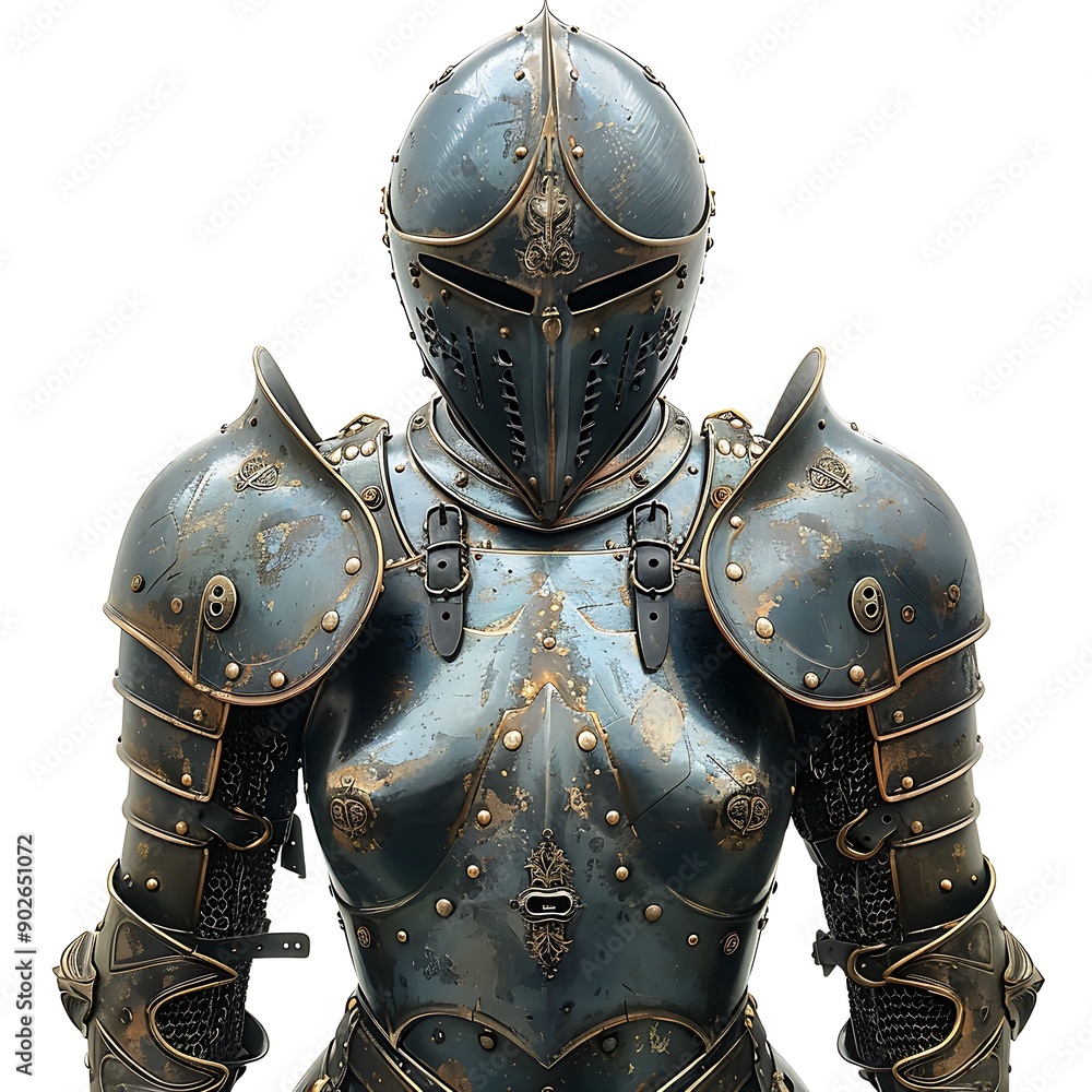 A Medieval Knight's Suit of Armor with a Helmet and Ornate Details A Medieval Knight's Suit of Armor with a Helmet and Ornate Details