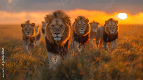 Lion pride walking together across the savannah at sunset, World Lion Day