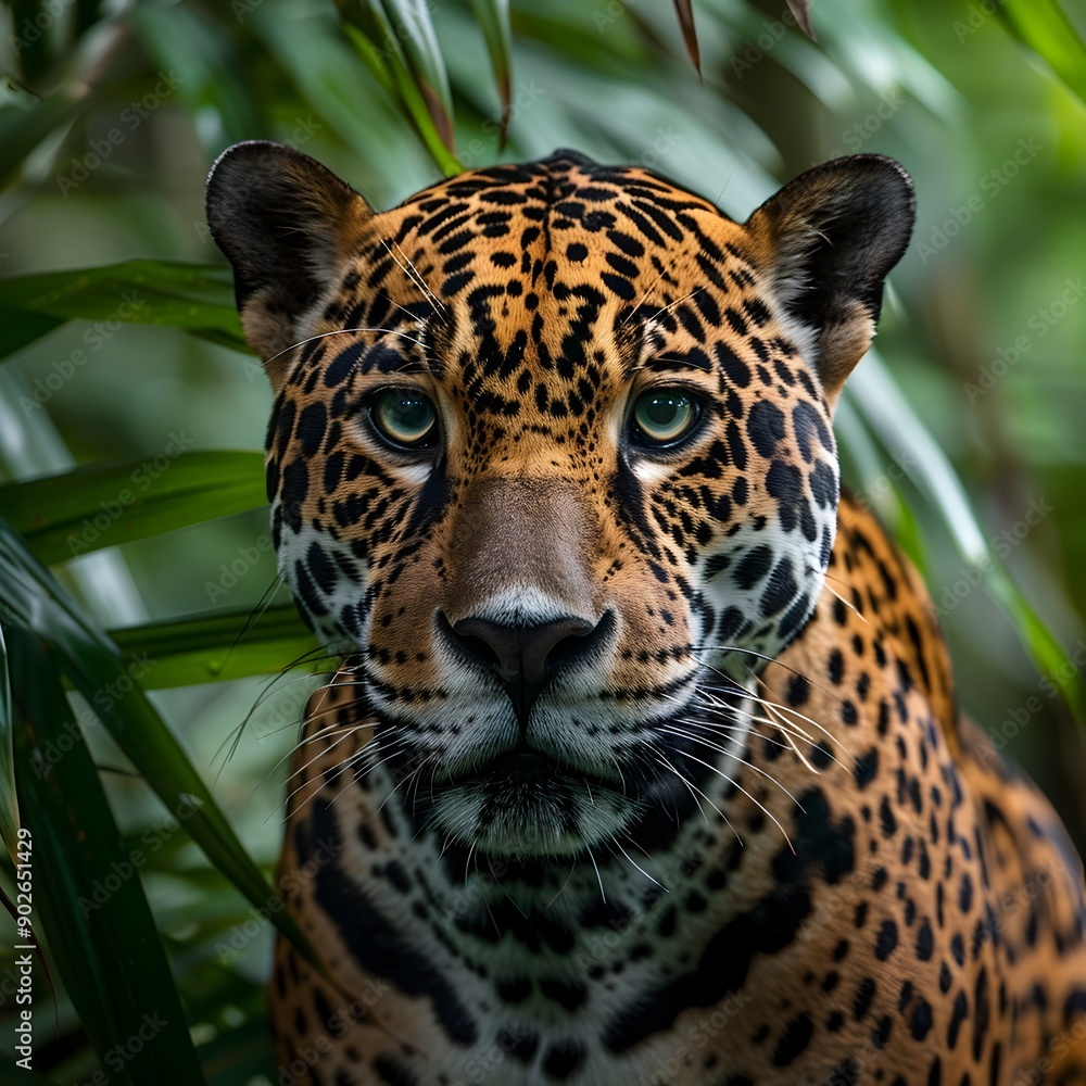Obraz premium Fierce jaguar with intense stare in the Amazon rainforest wildlife portrait