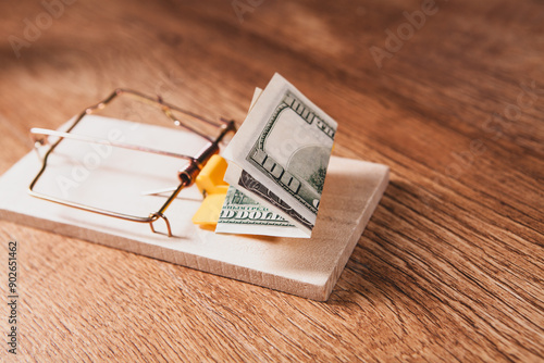 money and dollars in trap on wooden desk