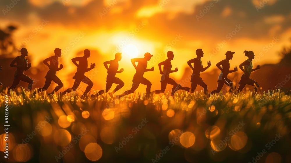 A group of runners are running in a field with the sun setting in the background A group of runners are running in a field with the sun setting in the background