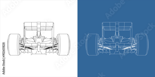 racing car line art draw blueprint wireframe from behind view. isolated on transparent background

