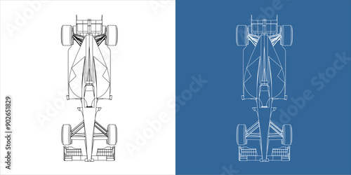 Top view of racing car line art draw blueprint wireframe. isolated on transparent background 