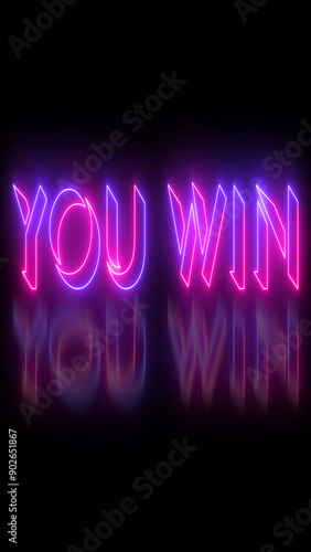 You Win text animation in vertical high resolution. Easy to put into any video. Neon-colored text with a glowing moving outline on a dark background. Technology video material animation.