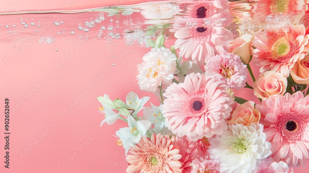 underwater bouquet of different shades of pink peonies and gerberas, pastel pink background underwater bouquet of different shades of pink peonies and gerberas, pastel pink background