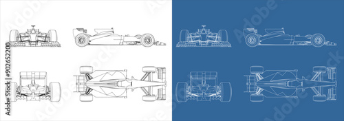 set of racing car line art draw blueprint wireframe from all side view. isolated on transparent background