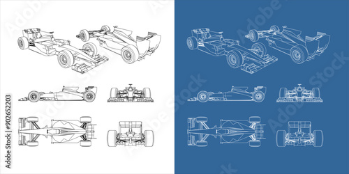set of racing car line art draw blueprint wireframe from all side view. isolated on transparent background

