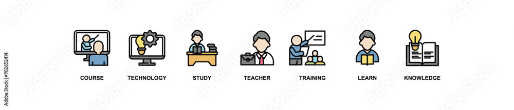 Online education banner web icon vector illustration concept with icon of course, technology, study, teacher, training, learn and knowledge
Online education banner web icon vector illustration concept with icon of course, technology, study, teacher, training, learn and knowledge