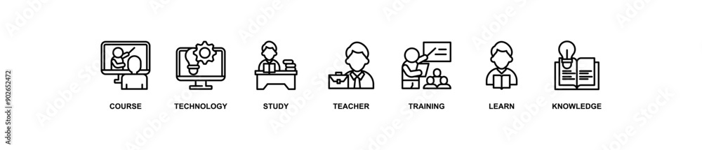 Online education banner web icon vector illustration concept with icon of course, technology, study, teacher, training, learn and knowledge
Online education banner web icon vector illustration concept with icon of course, technology, study, teacher, training, learn and knowledge