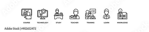 Online education banner web icon vector illustration concept with icon of course, technology, study, teacher, training, learn and knowledge

