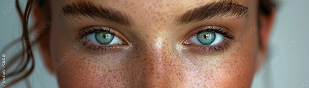 Obraz premium Close-Up of Freckled Face with Piercing Blue Eyes and Natural Makeup, Highlighting Unique Beauty and Detailed Features