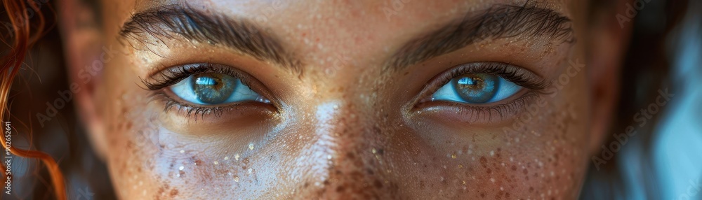 Close-Up of Freckled Face with Blue Eyes and Wet Skin in Natural Light Close-Up of Freckled Face with Blue Eyes and Wet Skin in Natural Light