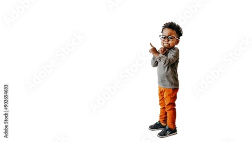 Little boy with glasses pointing up on white background