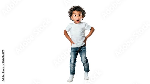 Excited boy with hands on hips on white background with Curly Hair