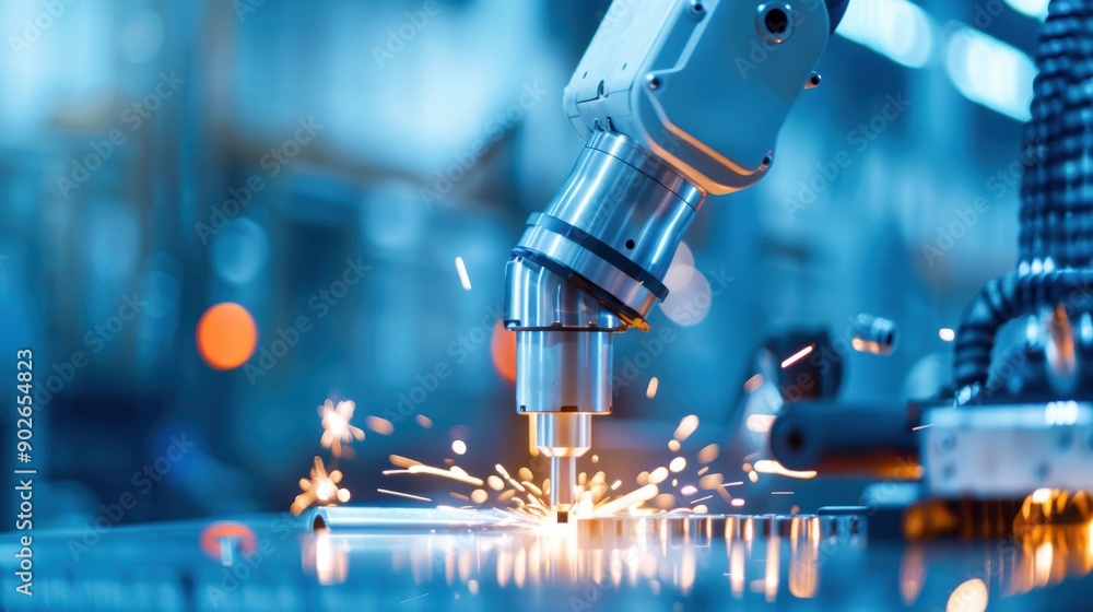 Robotic arm in a close-up shot, using precise laser technology to cut materials, with bright sparks illuminating the dim surroundings of an automated smart factory Robotic arm in a close-up shot, using precise laser technology to cut materials, with bright sparks illuminating the dim surroundings of an automated smart factory