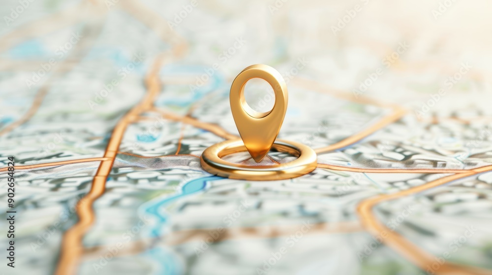 Prominent map marker placed on a physical map, pinpointing a key travel route and highlighting a must-visit destination Prominent map marker placed on a physical map, pinpointing a key travel route and highlighting a must-visit destination