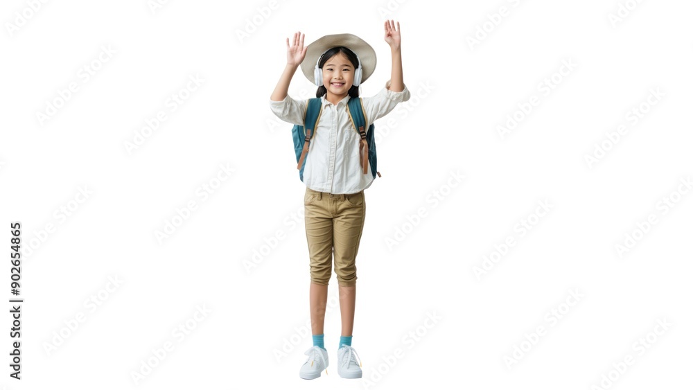Smiling girl with backpack and hat raising hands Smiling girl with backpack and hat raising hands