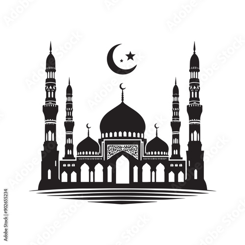 A Silhouette image of a mosque with a moon and a star on it.