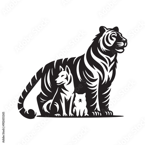 A black and white drawing of a tiger, dog and a kitten logo icon.