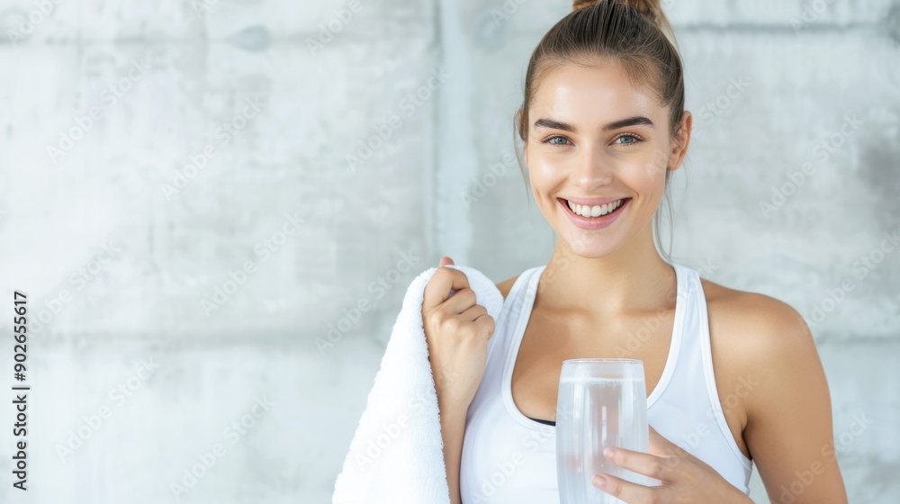 Cheerful young woman in sports attire, carrying a white towel and a healthy drink, looking refreshed after a workout Cheerful young woman in sports attire, carrying a white towel and a healthy drink, looking refreshed after a workout