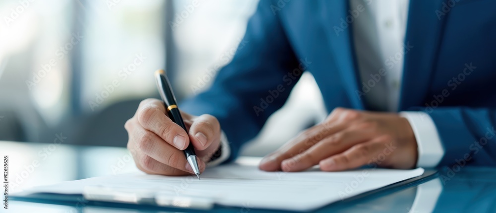 Businessman in a suit signing a document, representing the concept of deal agreements and formal business transactions Businessman in a suit signing a document, representing the concept of deal agreements and formal business transactions