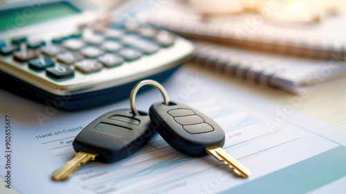 Auto finance concept with car keys, loan forms, and a calculator, representing the process of financing a vehicle