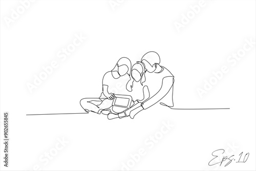 continuous line vector illustration design of parents guiding children