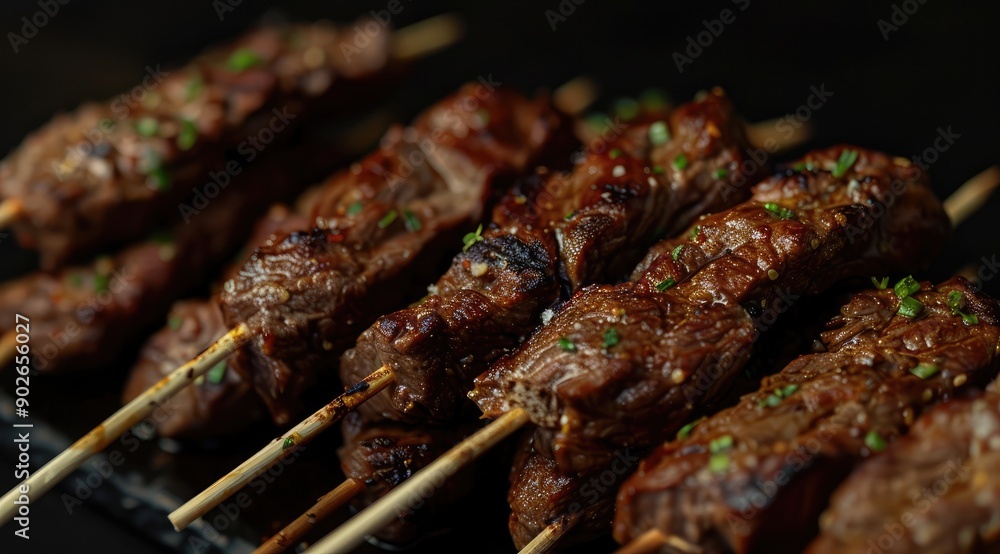 Close-up of Glazed Beef Skewers with Green Onions Close-up of Glazed Beef Skewers with Green Onions