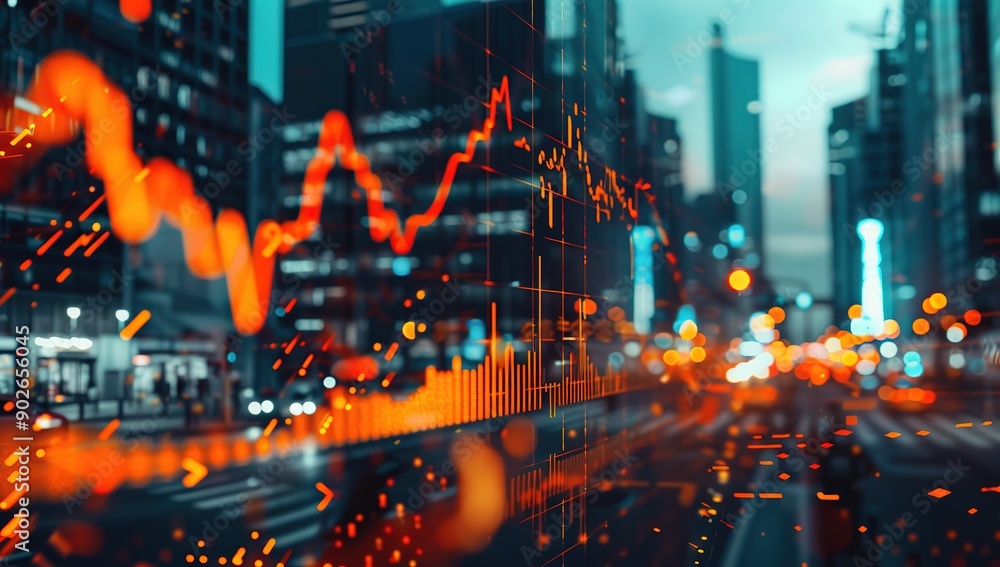Obraz premium A stock market graph with orange and black lines reflecting the movement of creatures on digital screens in front of city buildings at night, emphasizing dynamic motion above virtual charts and graphs