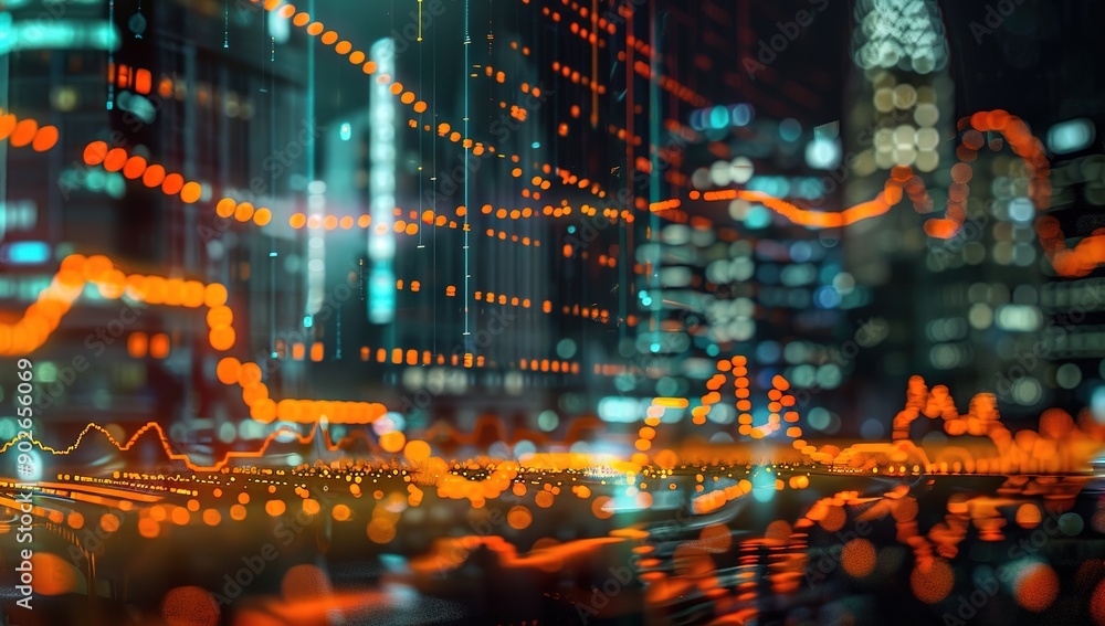 A stock market graph with orange and black lines reflecting the movement of creatures on digital screens in front of city buildings at night, emphasizing dynamic motion above virtual charts and graphs A stock market graph with orange and black lines reflecting the movement of creatures on digital screens in front of city buildings at night, emphasizing dynamic motion above virtual charts and graphs