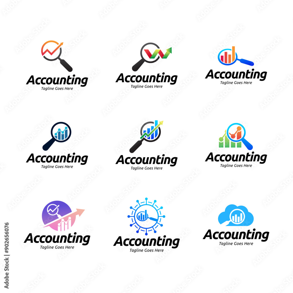 Set of Vector logo combination of a graph and magnifier Set of Vector logo combination of a graph and magnifier