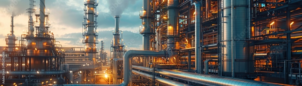 Industrial Refinery at Dusk with Illuminated Pipes and Towers Against a Cloudy Sky Industrial Refinery at Dusk with Illuminated Pipes and Towers Against a Cloudy Sky