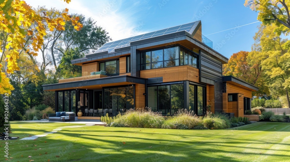 Modular residential house with smooth solar panels on the roof and lush green lawn around the house Modular residential house with smooth solar panels on the roof and lush green lawn around the house