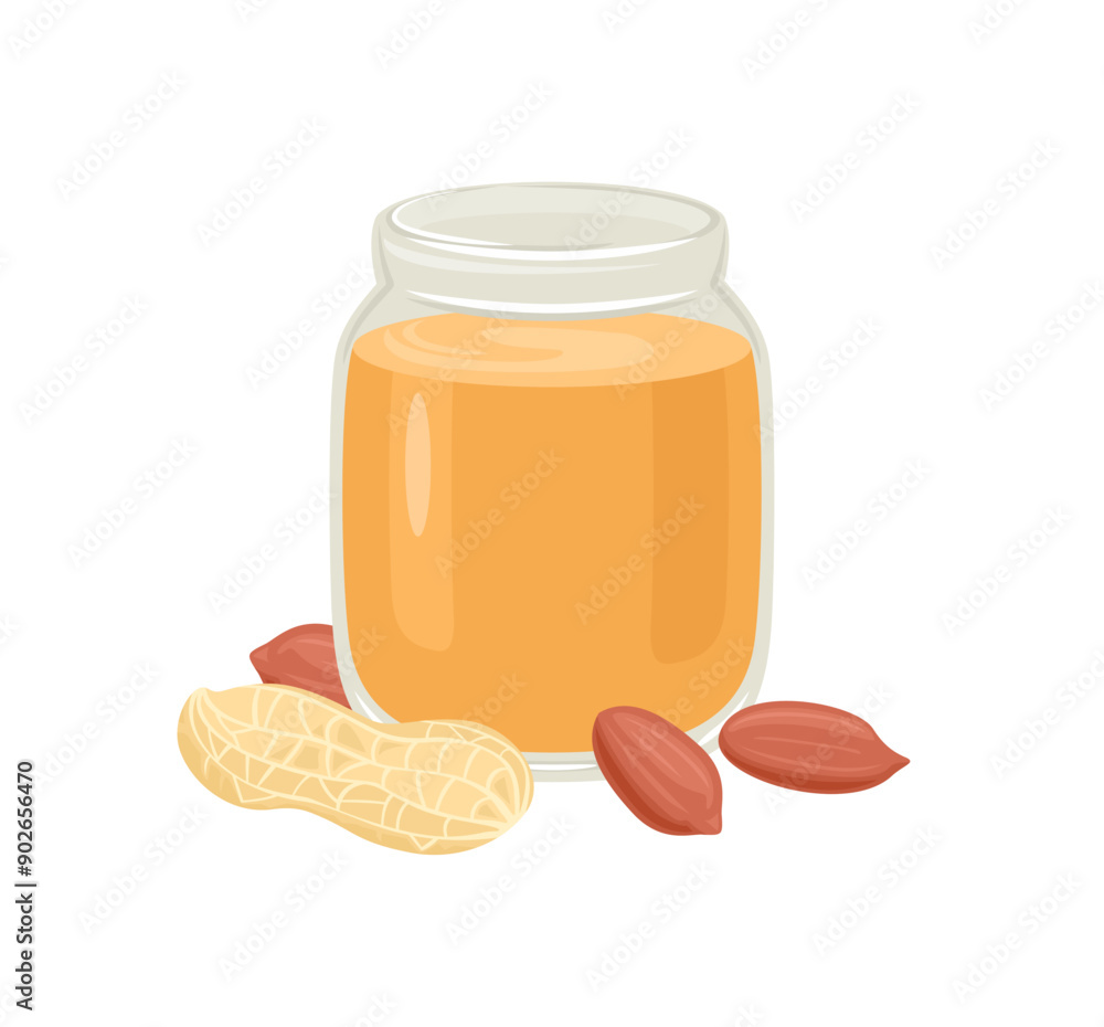 Peanut butter in open glass jar and peanuts isolated on white background. Vector cartoon flat illustration.
Peanut butter in open glass jar and peanuts isolated on white background. Vector cartoon flat illustration.