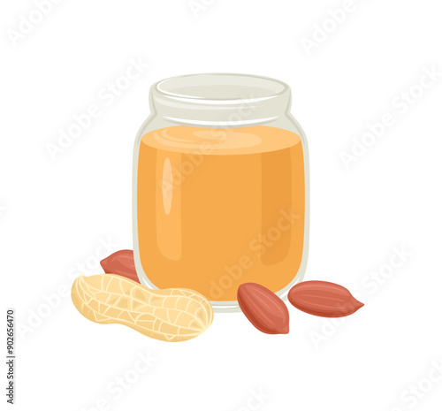 Peanut butter in open glass jar and peanuts isolated on white background. Vector cartoon flat illustration.
