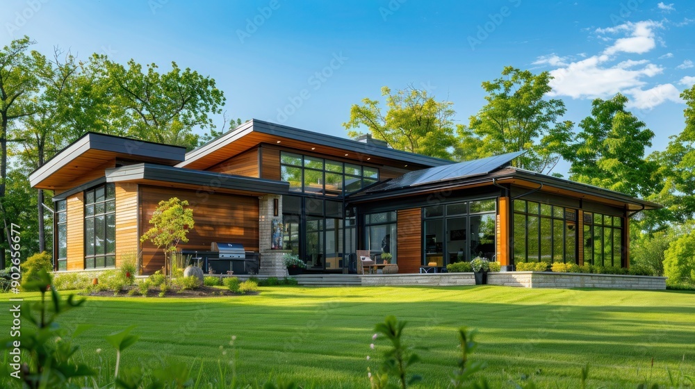Residential house with smooth solar panels on the roof and lush green lawn around the house Residential house with smooth solar panels on the roof and lush green lawn around the house