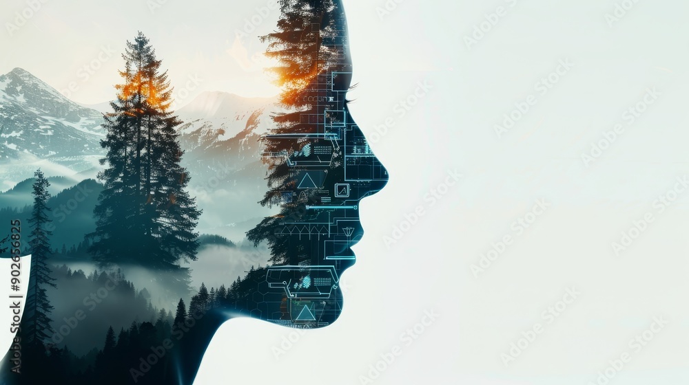 Futuristic double exposure of a soldier, blending their figure with a nature landscape of mountains and forests and digital interface overlays Futuristic double exposure of a soldier, blending their figure with a nature landscape of mountains and forests and digital interface overlays