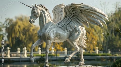 White Winged Unicorn Statue with a Horn