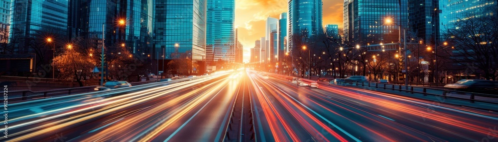 Fototapeta premium Vibrant Cityscape at Dusk with Light Trails from Fast-Moving Traffic and Modern Skyscrapers