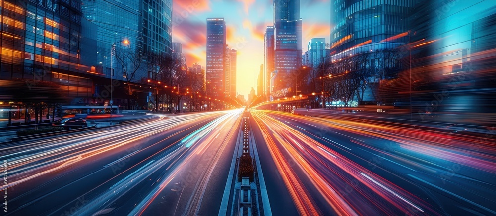 Dynamic Urban Cityscape at Sunset with Blurred Motion of Traffic Lights and Skyscrapers Dynamic Urban Cityscape at Sunset with Blurred Motion of Traffic Lights and Skyscrapers