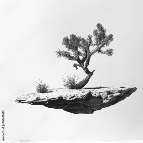 Egon Sheile shading ink illustration of a floating single branch of a joshua tree photo