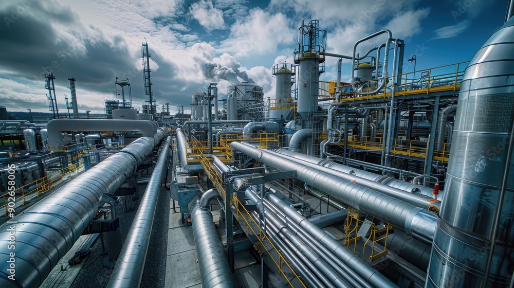 Industrial Oil Refinery with Complex Network of Pipes and Towers Under Cloudy Sky Industrial Oil Refinery with Complex Network of Pipes and Towers Under Cloudy Sky