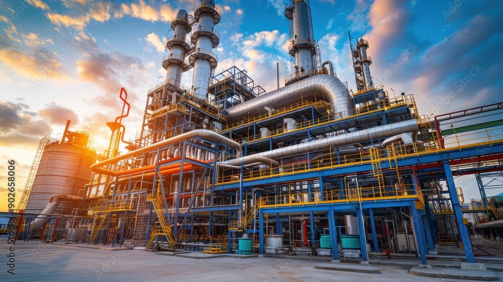 Fototapeta premium Industrial Oil Refinery at Sunset with Complex Piping and Storage Tanks Under a Vibrant Sky