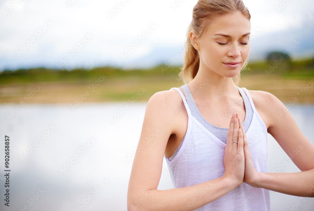 Woman, exercise and namaste meditation by lake for healing soul, chakra balance and relax in nature. Girl, wellness and prayer hands by river for zen workout, spiritual peace and calm mental health Woman, exercise and namaste meditation by lake for healing soul, chakra balance and relax in nature. Girl, wellness and prayer hands by river for zen workout, spiritual peace and calm mental health