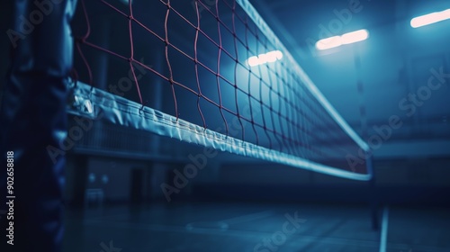 Gym background, volleyball net in dim light